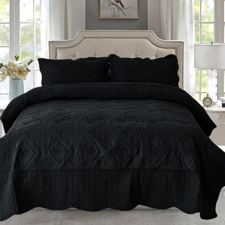 Cmfshape Floral Embroidery Quilt Set,3 Pieces Queen Quilt Bedding Set,Classic Diamond Pattern Quilts,Ultra Soft Lightweight Reversible Bedspread Coverlets for All Season(Black,90"x90") Cmfshape