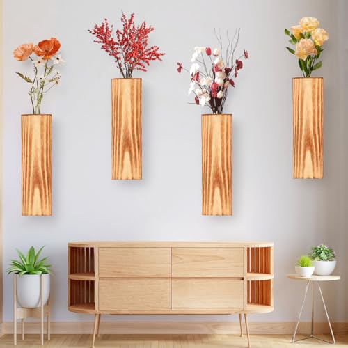 Yihurlm Wood Wall Planter for Indoor Plants,4 Pack Wooden Pocket Vase for Dried Flowers and Artificial Greenery,Modern Farmhouse Wood Wall Vase for Living Room Bedroom Bathroom Decoration (Br - WoodArtSupply