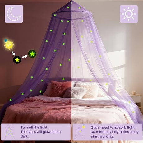 LionLively Purple Bed Canopy for Girls with Glow-in-The-Dark Stars, Princess Canopy Curtains Fits Single, Twin, Full, Queen Size Bed, Bedroom Accessories, Ceiling Tent LionLively