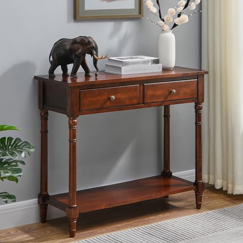 Entry Console Table with 2 Storage Drawers and Open Shelf, Traditional Console Table with Solid Wood leg, Foyer Tables for Entryway, Hallway, Blank Wall, 35.4”L x 13.8”W x 30.1”H, Cherry BrownSFZ004CR VERDANTREE