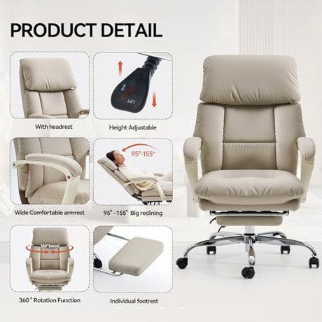 EMIAH Office Chair with Foot Rest, Ergonomic Executive Office Chair with Arms, Reclining High Back PU Leather Comfy Swivel Computer Desk Chairs with Wheels and Lumbar Support for Home Office, Beige EMIAH