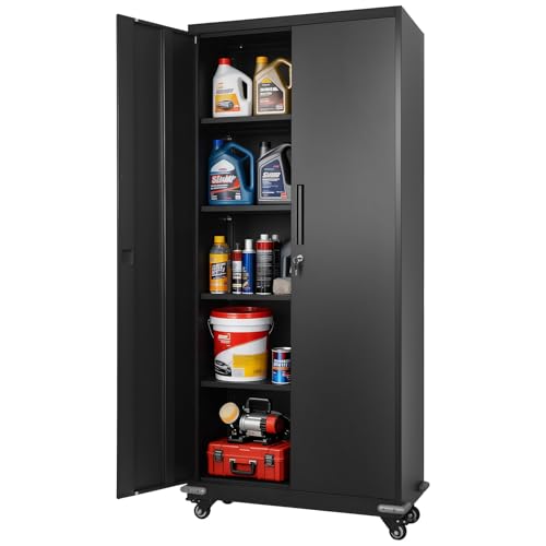 VEVOR Metal Storage Cabinet, 72.6 in Rolling Steel Garage Cabinet with 4 Adjustable Shelves, 2 Magnetic Doors & 2 Keys, 5 Tiers Lockable Tool Storage for Pantry, Warehouse, Basement, Office, Black VEVOR
