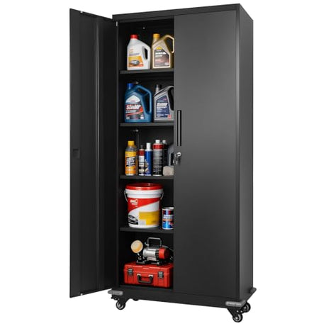 VEVOR Metal Storage Cabinet, 72.6 in Rolling Steel Garage Cabinet with 4 Adjustable Shelves, 2 Magnetic Doors & 2 Keys, 5 Tiers Lockable Tool Storage for Pantry, Warehouse, Basement, Office, Black VEVOR