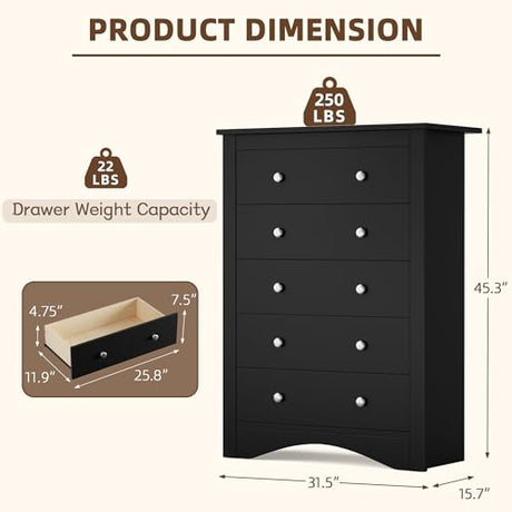 YESHOMY Tall Dresser for Bedroom with 5 Drawers, Modern Chest of Drawers, Wooden Dressers, TV Stand for Living Room,Closet, Hallway (Black) YESHOMY
