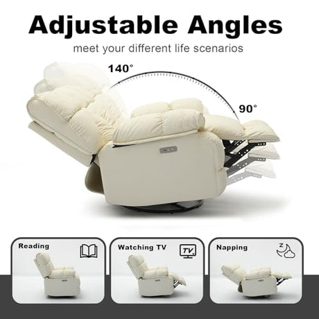 Govoya Oversized Pet-Friendly Leather Recliner Chair, Swivel Rocking Recliner Chair, Electric Adjustable Reclining, USB & Typle-C Charging Port, XXL Single Sofa for Living Room, Nursery, Cream White Govoya