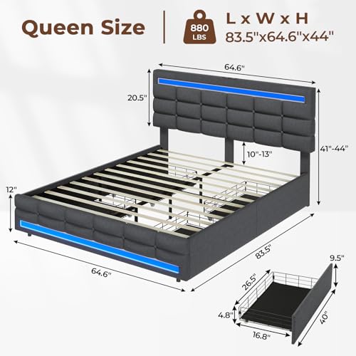 ADORNEVE Dark Grey Queen LED Bed Frame with 4 Drawers & USB Charging Station - WoodArtSupply