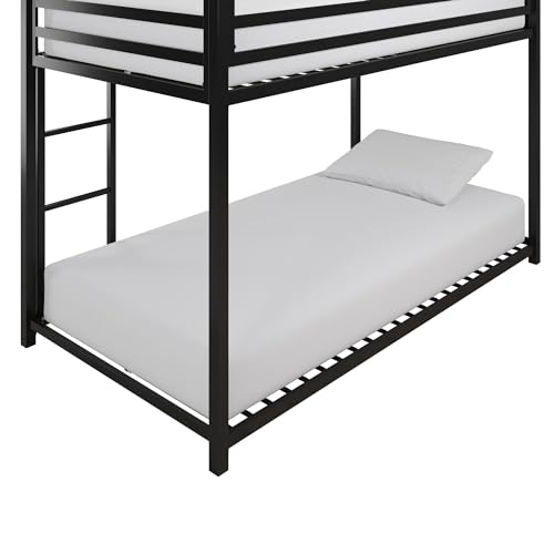 DHP Miles Low Metal Bunk Bed Frame for Kids, With Built-in Ladder, High Guardrail and Metal Slats, Floor Bed Bottom Bunk, No Boxspring Required, For Small Spaces, Twin-Over-Twin, Black DHP