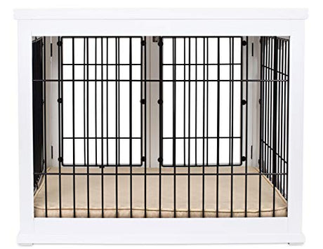 INTERNET'S BEST Decorative Dog Kennel with Pet Bed, Small Pet House, Double Door Indoor Crate, Engineered Wood & Wire Furniture, Side Table & Nightstand, Fits Small Dogs - White Internet's Best