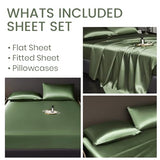 Revdomfly 4 Pcs Queen Size Luxury Silky Soft Olive Green Satin Sheet Set,1 Premium Moisture Wicking Fitted Sheet Fits Up to 16 Inches Deep Pocket + 1 Flat Sheet + 2 Pillowcases（Olive Green, Queen） Revdomfly