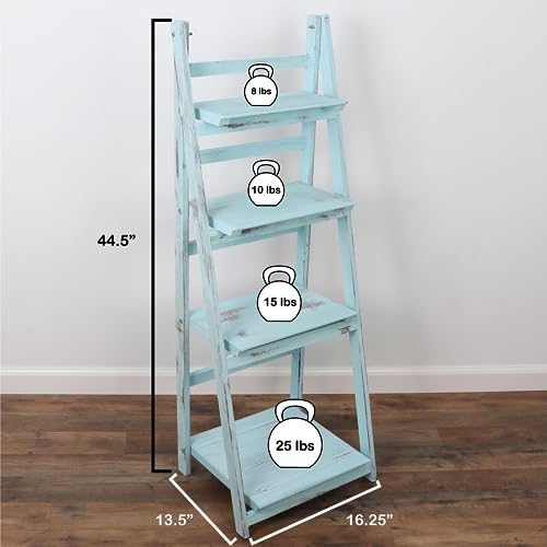 Milltown Merchants Ladder Shelf - Distressed Bookshelf - Rustic Ladder Bookshelf - Leaning Bookshelf for Rustic Home Decor (Turquoise) - WoodArtSupply