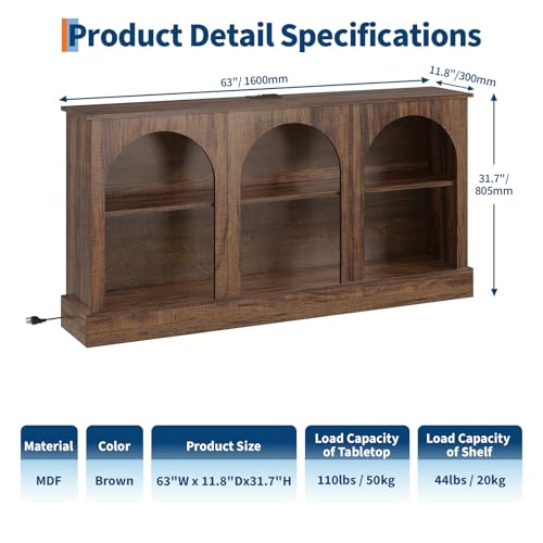 GarveeLife 63" Mid Century Modern TV Stand, Modern Console Table with Charging Station for Entryway Living Room, Modern Entertainment Center 3-Tier Rustic Brown Media Console for TV Up to 65 70 Inch GarveeLife