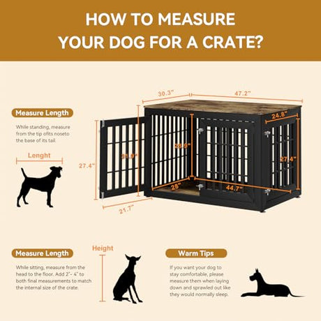 HMHTCT 48 Inch Heavy-Duty Dog Crate Furniture, Decorative Wooden End Table Kennel with Waterproof Top & Wide Metal Tubes, for Large & Extra Large Dogs, Black + Rustic Brown HMHTCT