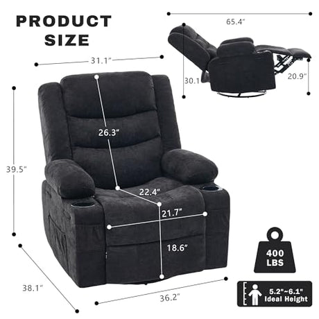 GAOHAPPY Swivel Rocker Recliner Chair, Manual Recliner Single Sofa with Cup Holders and Side Pocket, Chenille Fabric, Upholstered Nursery Rocking Chair for Living Room, Bedroom, Black GAOHAPY