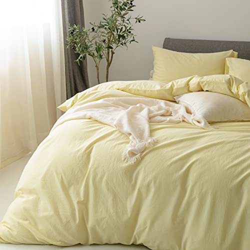 FOSSA Duvet Cover Set 100% Washed Cotton Linen Feel Super Soft Breathable Cozy 3 Pieces Bedding Sets Solid Pastel Yellow Full/Double FOSSA