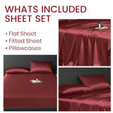 Revdomfly 4 Pcs Queen Size Luxury Silky Soft Wine Red Satin Sheet Set,1 Premium Moisture Wicking Fitted Sheet Fits Up to 16 Inches Deep Pocket + 1 Flat Sheet + 2 Pillowcases（Wine Red, Queen） Revdomfly