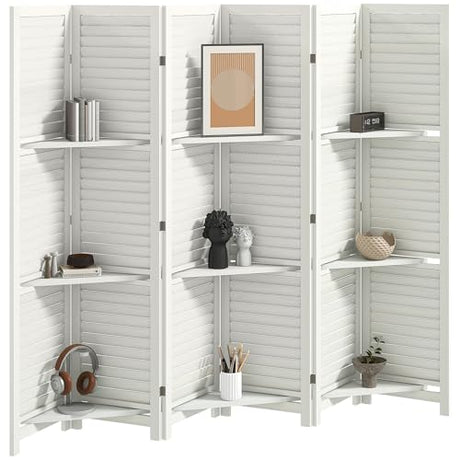 HOMCOM Room Divider, 6 Panel 67" Tall Wood Privacy Screen with 3 Display Shelves, and Folding Storage for Bedroom or Home Office, White HOMCOM