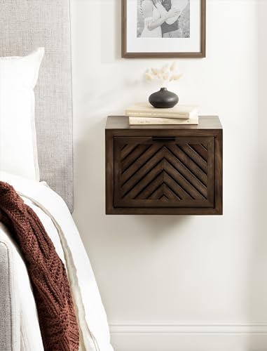 Kate and Laurel Mezzeta Modern Floating Shelf Side Table with Storage Cubby; 16 x 10 x 12; Natural Wood; Decorative Slatted Wood Floating Nightstand with Pull Down Door for Use as Bathroom Storage Kate and Laurel