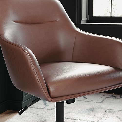 Martha Stewart Rayna Swivel Task Chair with Flared Arms for Home Office in Saddle Brown Faux Leather with Oil Rubbed Bronze Frame Martha Stewart