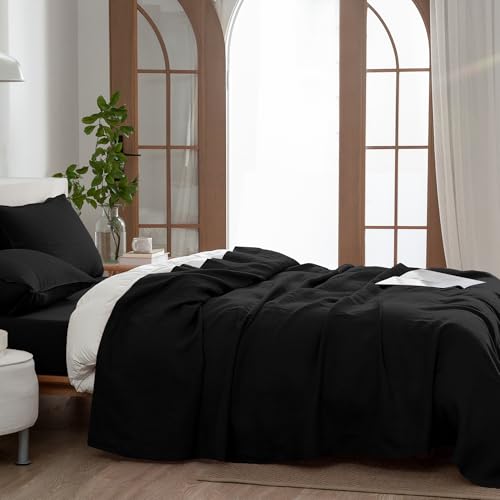 EVERLY Linen Sheets Set Queen Size,100% French Stonewash Pure Linen Sheets Set,4Pieces (1Flat Sheet,1Fitted Sheet,2Pillowcase) Suitable for Hot Sleepers,Deep Pocket Natural Bedding Set-Black EVERLY