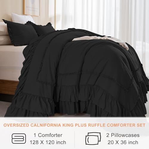 QSH Oversized King Comforter 128x120,3PCs Black Farmhouse Lightweight Ruffled Bedding Comforter Set Shabby Boho Chic California King Bed Comforter Set French Country Soft Microfiber Fluffy Bed Set QSH