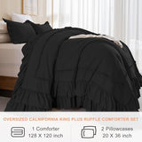 QSH Oversized King Comforter 128x120,3PCs Black Farmhouse Lightweight Ruffled Bedding Comforter Set Shabby Boho Chic California King Bed Comforter Set French Country Soft Microfiber Fluffy Bed Set QSH