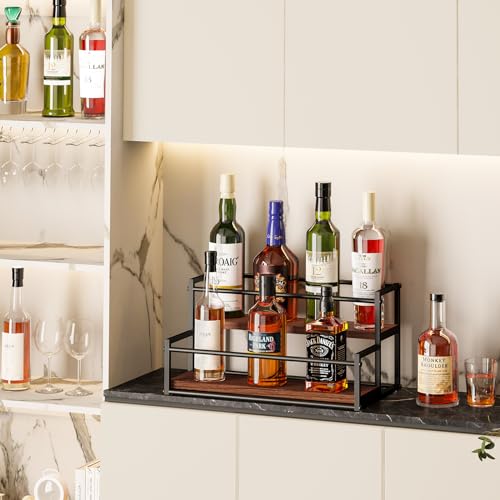 THYGIFTREE Liquor Bottle Display Shelf 2 Tier Liquor Rack Holder Bar Shelf Stand for Liquor Organizer Countertop Liquor Risers Storage Shelves Wine Rack for Whiskey THYGIFTREE