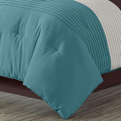 Chezmoi Collection Loft 8-Piece Luxury Striped Comforter Set (King, Blue/Beige/Chocolate Brown) Chezmoi Collection