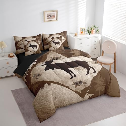 Homewish Moose Cabin King Bedding Set 7 Pieces Cartoon Wild Animal Jungle Trees Comforter Set for Kids Teens Adults Bedroom Decor (Comforter,Flat Sheet,Fitted Sheet,2 Pillowcases,2 Pillow Covers) Homewish