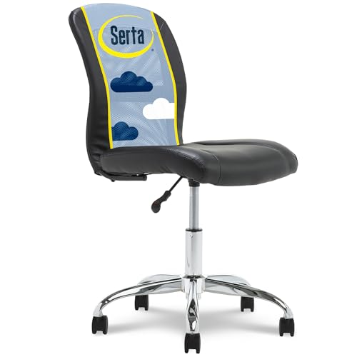 Serta Essential Armless TaskChair, Small Desk Chairs with Wheels, Breathable Mesh Back and Faux Leather, Quality Foam Cushion Seat for Comfort, Minimal Design for Vanity Table, Black Serta