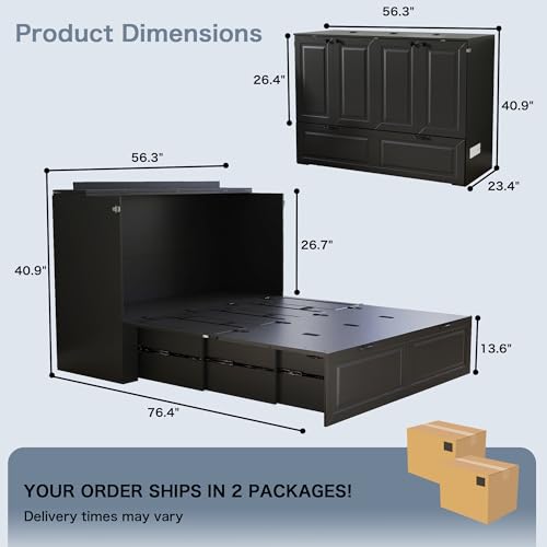 Jotirxe Full Murphy Bed Cabinet: Black Cabinet Bed with Charging Station, Cube Murphy Beds with Drawers, Modern Hidden Beds for Small Spaces, Guest Room and Office Jotirxe