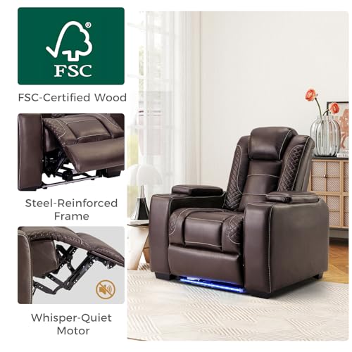 ANJ Power Home Theater Seating, PU Leather Electric Recliner Chair with Adjustable Headrest, Dual Motors Movie Reclining Chairs with LED Lights,USB Port, Cup Holders, Hidden Arm Storage (Brown)