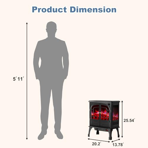 DUMOS Electric Fireplace Heater, 26" Freestanding Two Door Electric Fireplace Stove with 3D Flame Effect & Remote Control, Modern Stove for Home with Safety Features, Adjustable Heat & Timer, Charcoal DUMOS