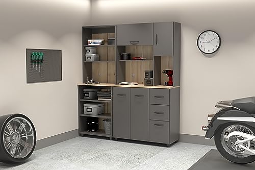 Inval Proforte 2-Piece Garage Storage Cabinet Set with 1 Large Cabinet, 3-Drawer Cabinet, Adjustable Shelves, Dark Gray/Maple Inval