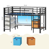 DICTAC Low Twin Loft Bed with Reading Corner,3 Sling Drawers and 2 Movable Storage Bins,Metal Twin Size Loft Bed for Kids with LED Lights and Storage Basket,13.98" H Safety Guardrail & Stairs, Black DICTAC