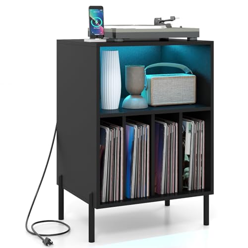 Giantex Record Player Stand with LED Lights & Charging Station, Turntable Stand with Record Holder, Record Player Table with Metal Legs, Vinyl Record Storage for Living Room, Music Room, Black Giantex