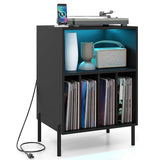 Giantex Record Player Stand with LED Lights & Charging Station, Turntable Stand with Record Holder, Record Player Table with Metal Legs, Vinyl Record Storage for Living Room, Music Room, Black Giantex