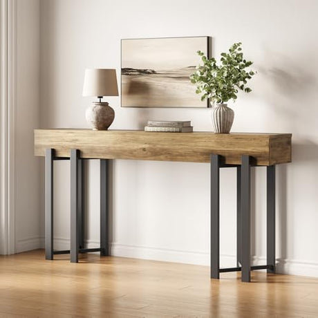 LITTLE TREE 63-Inch Console Table for Entryway, Industrial Behind Couch Table, Minimalist Sofa Table for Living Room, Rustic Brown Wooden Hallway Foyer Table with Black Metal Frame LITTLE TREE