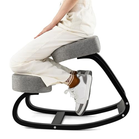 Goplus Ergonomic Kneeling Chair, Rocking Upright Posture Chair with Soft Seat & Knee Pads, Wooden Backless Knee Chair Relieves Neck Back Pain for Home Office Study, Gray and Black Goplus