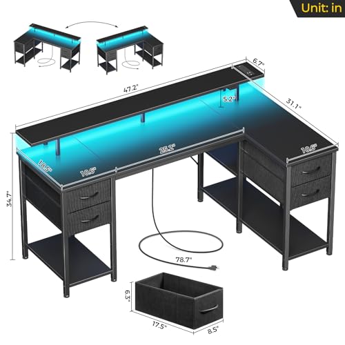 Seventable Gaming Desk 47.2" with LED Lights & Power Outlets, Small L Shaped Desk with 4 Drawers, Computer Desk with Storage Shelves, Corner Desk with Monitor Stand for Small Space, Home Offi - WoodArtSupply