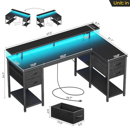 Seventable Gaming Desk 47.2" with LED Lights & Power Outlets, Small L Shaped Desk with 4 Drawers, Computer Desk with Storage Shelves, Corner Desk with Monitor Stand for Small Space, Home Offi - WoodArtSupply