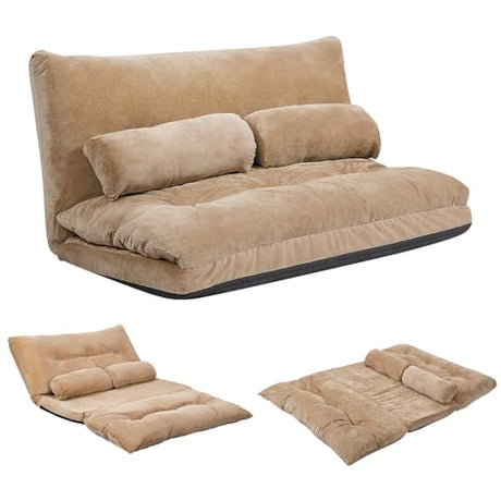 KOMFOTT Foldable Floor Lazy Sofa with 2 Pillows, 6-Position Adjustable Reclining Sofa Sleeper Bed, Convertible Futon Couch Bed, Floor Couch Lounge for Relaxing, Reading, Playing, Gaming (Coffee) KOMFOTT