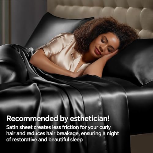 BEDELITE Satin Sheets Queen Size Bed Set, Luxury Soft Black Silky Sheets for Hair and Skin, Similar to Silk Bed Sheets Set 4 Pieces with 1 Deep Pocket Fitted Sheet, 1 Flat Sheet, and 2 Pillowcases BEDELITE