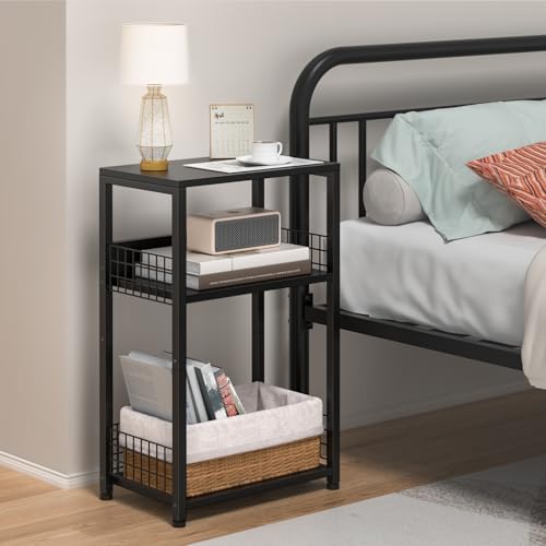 LELELINKY Side Table with Storage, Black Night Stand for Small Spaces, 3 Tier Industrial Wooden Record Player Holder with Vinyl Storage Shelf, End Tables Printer Stand for Bedroom LELELINKY
