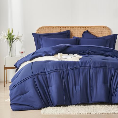 Yogeneg Queen Comforter Set 7 Piece Bed in a Bag,Grid Pinch Pleat Navy Blue Bedding Set,Striped Textured Soft Microfiber Comforter with Sheet Set,All Season Complete Bed Set(Navy Blue,Queen) Yogeneg