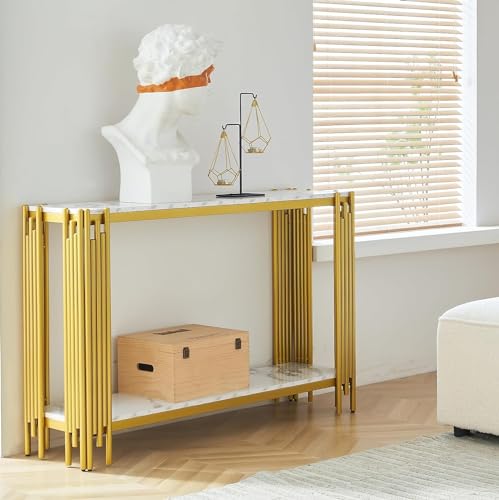 Goderfuu 48.8" White Faux Marble Console Table for Living Room, 2-Tier Rectangular Marble Sofa Table with Gold Metal Frame, Mid Century Modern Console Table Hallway Entryway Table, Gold Console Table Goderfuu