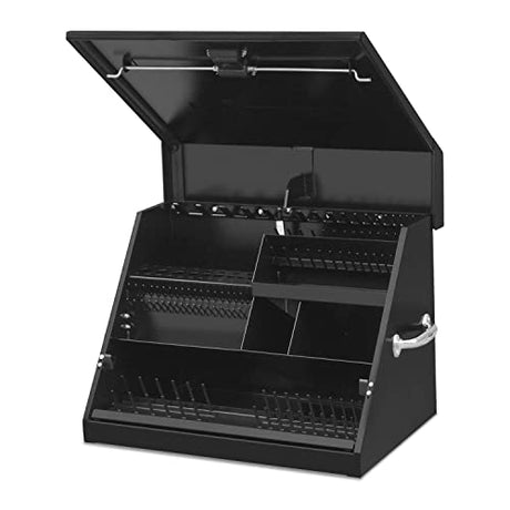 Montezuma – SE250B – 26-Inch Portable TRIANGLE Toolbox – Multi-Tier Design – Heavy-Duty Steel Construction – SAE and Metric Storage Chest – Weather-Resistant Toolbox – Lock and Latching System, Black Montezuma