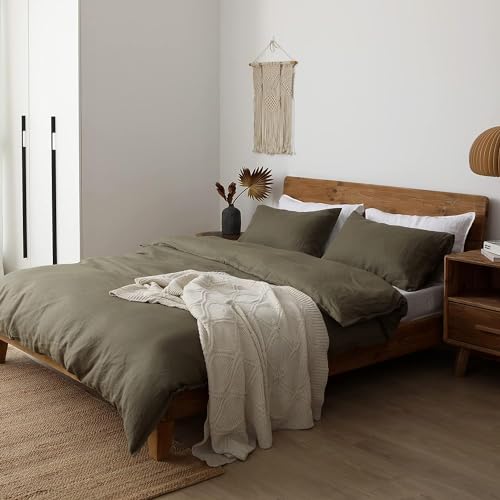 XZ XIFA Olive Green 100% Linen Queen Size Bedding Set, Cooling Duvet Cover with Natural Washed French Flax，Soft,Breathable,Textured,Fluffy Duvet Cover (1 Duvet Cover,2 Pillow Shams) XZ XIFA