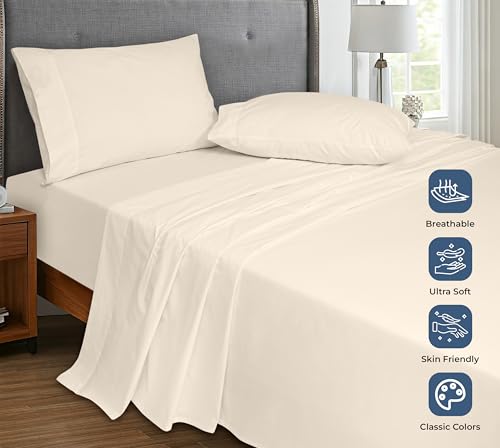 Royale Linens 100% Organic Cotton Fitted Sheet - Percale Weave - Super Soft Deep Pocket Bottom Sheets - Cream Elastic Sheet Twin Size - Twin Fitted Sheets Only - (39"x75"+15", Cream) ROYALE LINENS