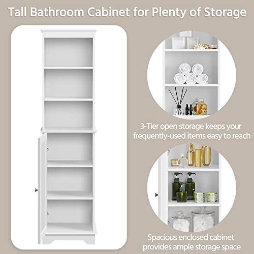 Yaheetech Tall Slim Bathroom Storage Cabinet with 3 Shelves, Enclosed Door, and Modern Design in White - WoodArtSupply