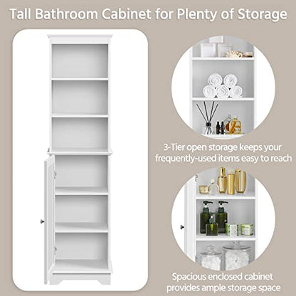 Yaheetech Tall Slim Bathroom Storage Cabinet with 3 Shelves, Enclosed Door, and Modern Design in White - WoodArtSupply